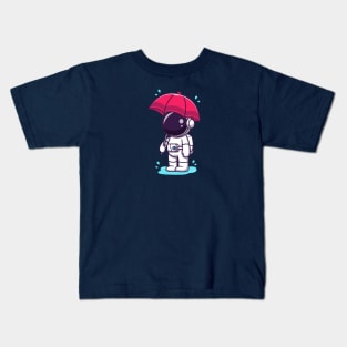 Cute Astronaut Holding Umbrella In the Rain Cartoon Kids T-Shirt